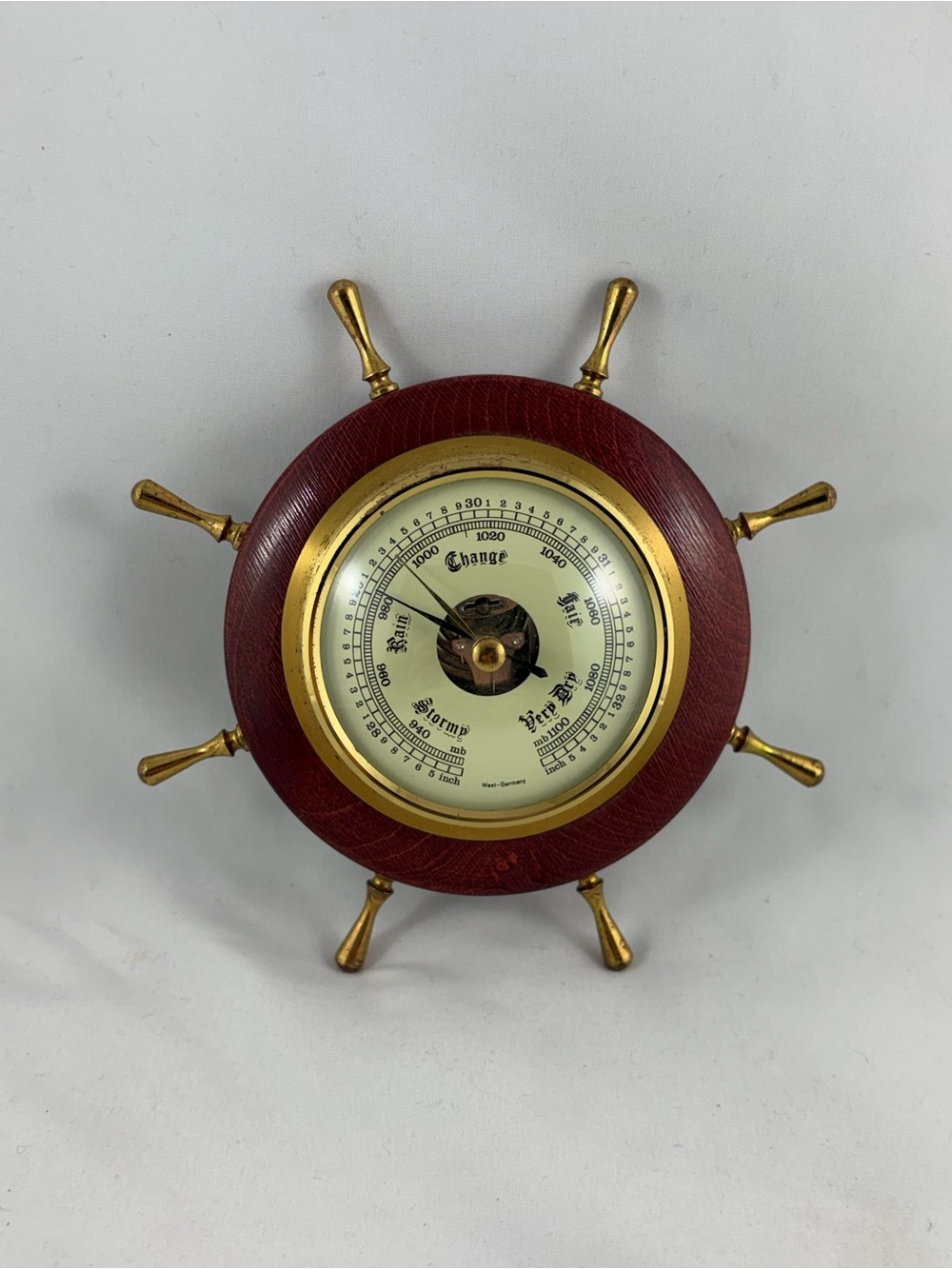 Vintage Stellar West Germany Ship Wheel Barometer Wood Brass Wall Decor